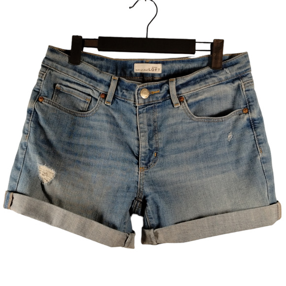 Ann Taylor Loft Mid Rise Denim Roll Cuff Cut-Off Distressed Shorts, Size 28/6 - Picture 1 of 9